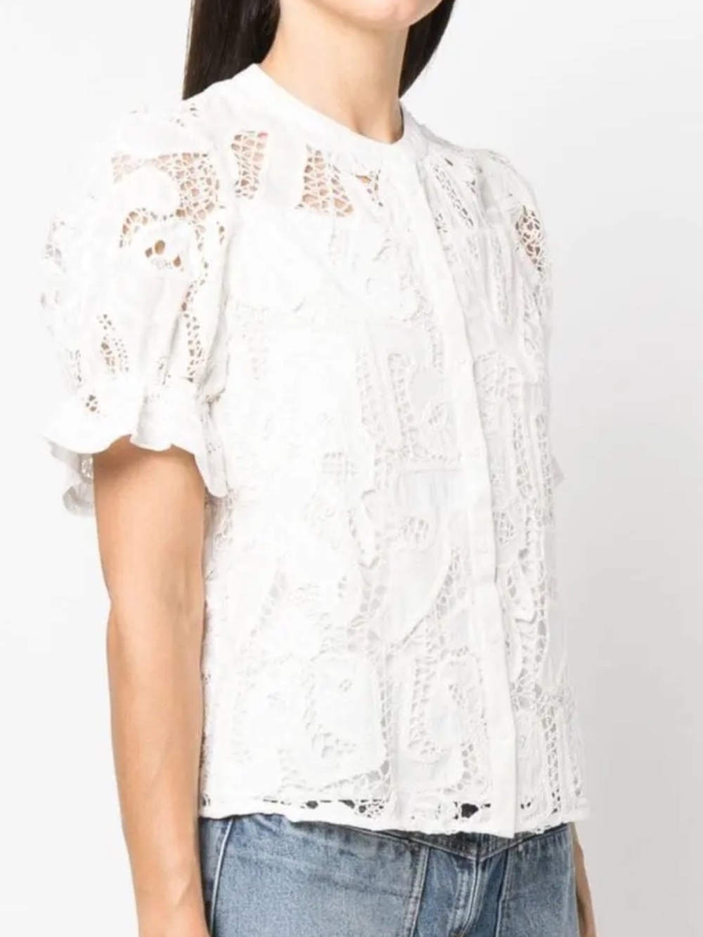 BA&SH Irkin Guipure Lace White Short Sleeve Button Down Blouse Small $230 - Picture 7 of 16